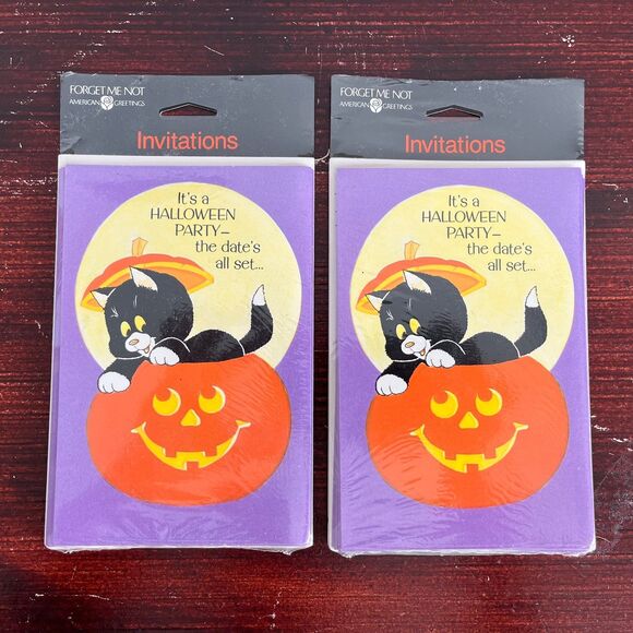 Vintage Halloween Party Invites with Cute Black Cat and Jackolantern - Picture 1 of 3